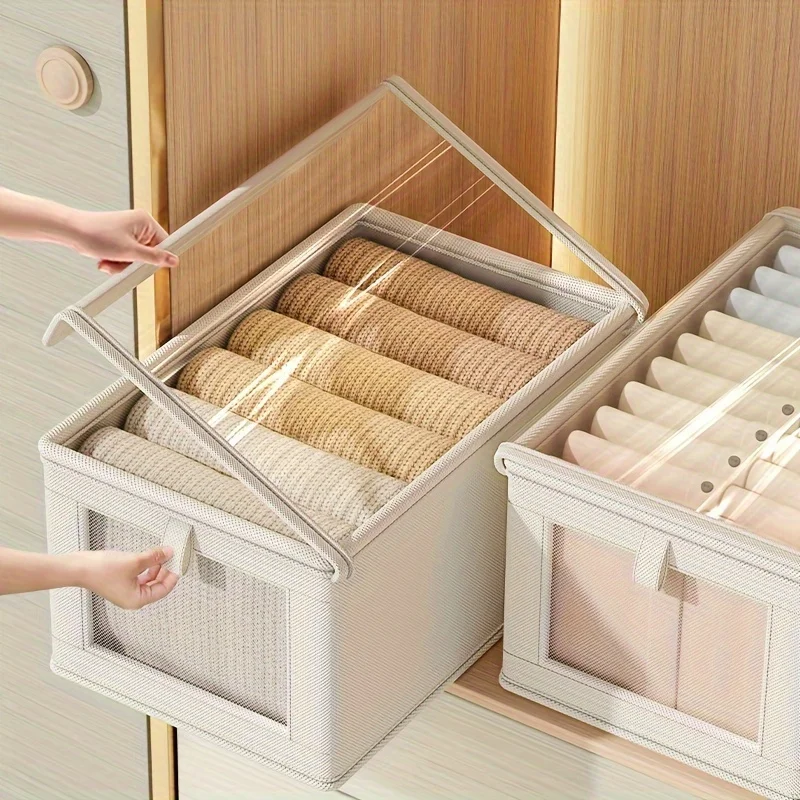 Canvas Storage Box with Transparent Window Strip - Foldable Clothing Organizing Box for Home Wardrobe Sorting