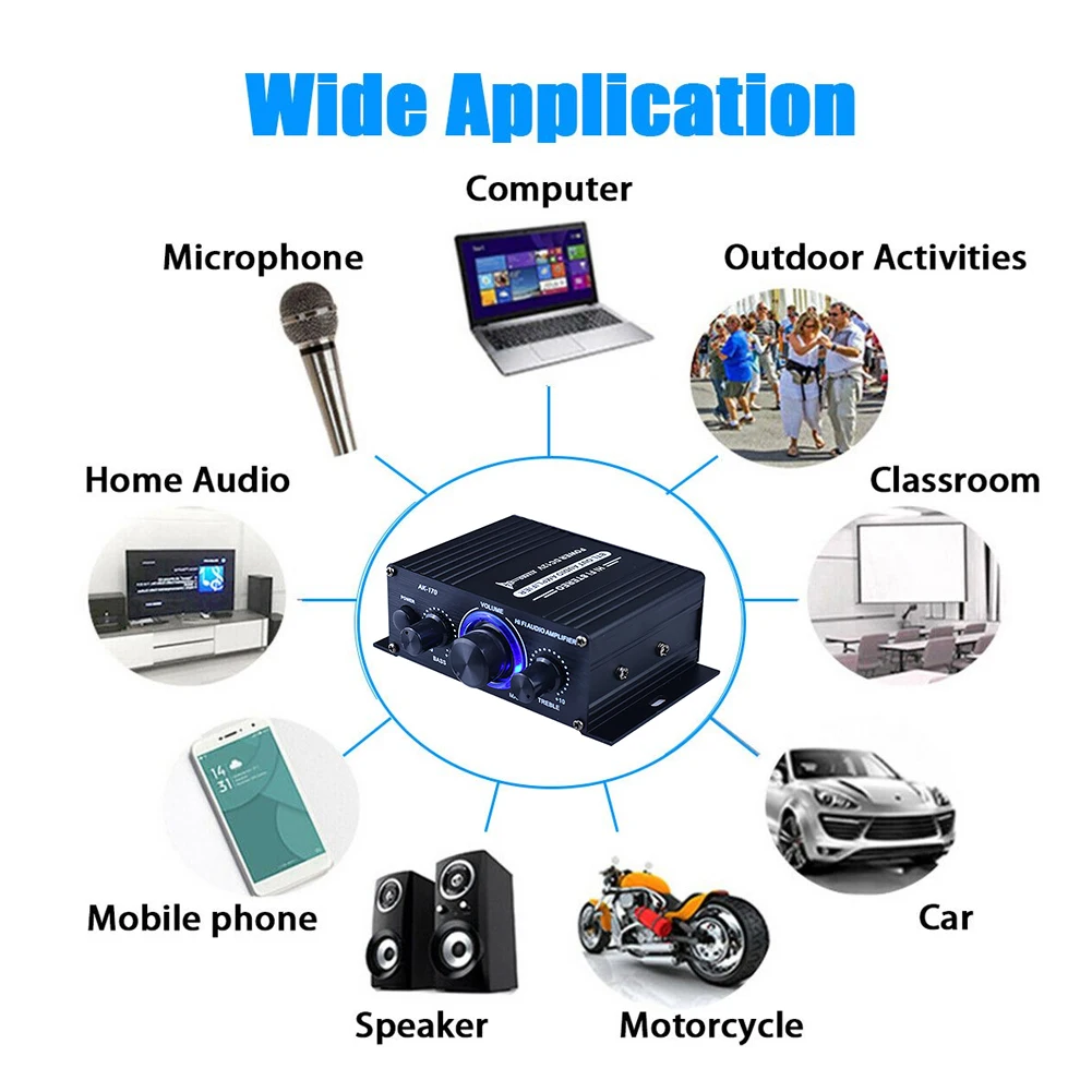 AK-170 Mini Pure Power Digital Amplifier 2.0 Channel Stereo Audio Power Amplifier DC 12V 2x200W HiFi Sound Amp for Home Theater