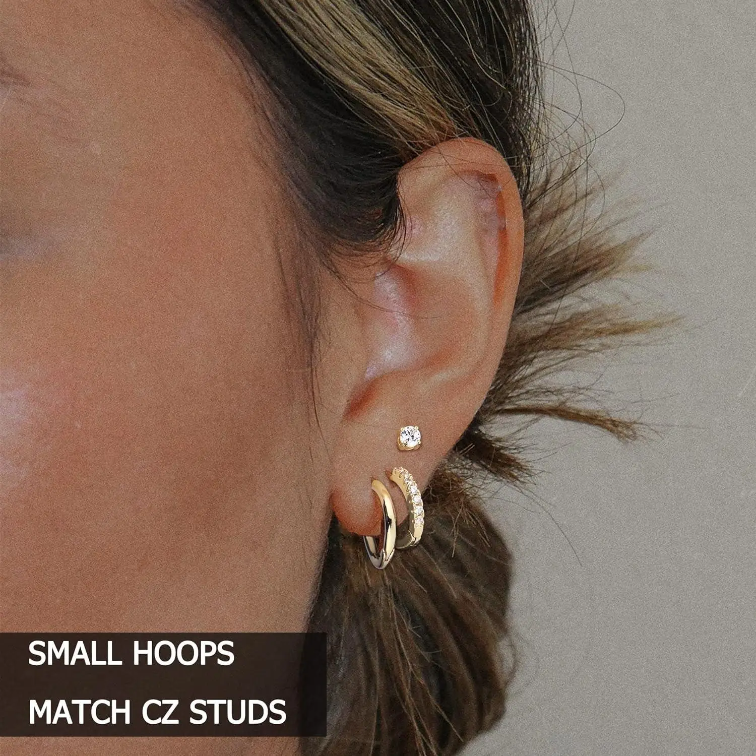 Fansilver 14K 골드 스터드 귀걸이 세트,  스터드 귀걸이, 다중 피어싱, 저알레르기, 작은 후프 스터드 귀걸이