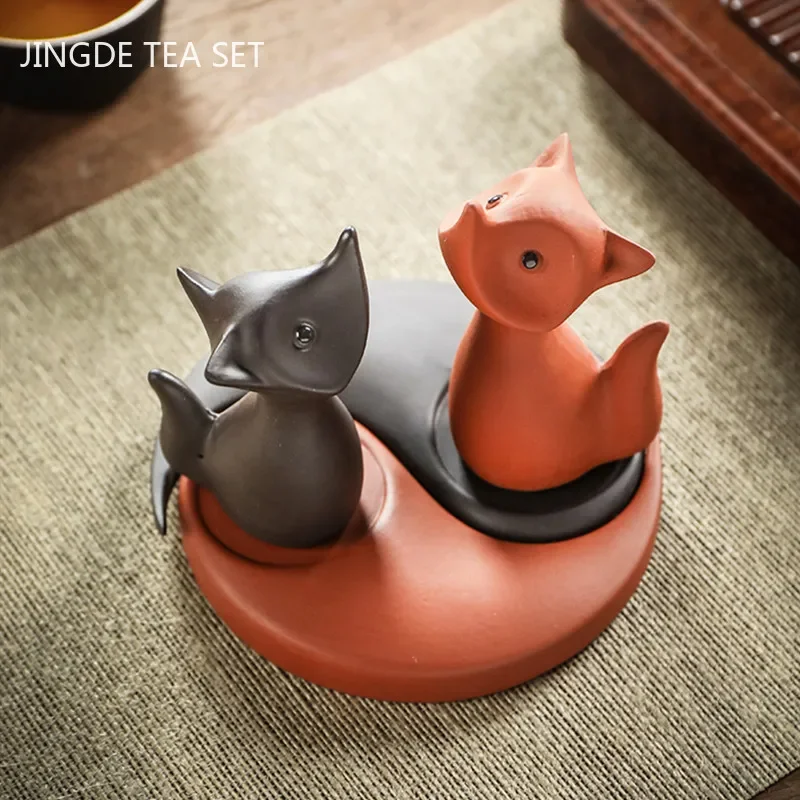 Boutique Cute Little Fox Handmade Tea Pet Decoration Purple Clay Tea Set Accessories Creative Table Ornament Handmade Crafts tea pet ornaments