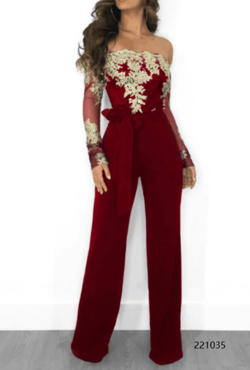 Women Sexy Off Shoulder Slash Neck Long Sleeve Women Jumpsuit Elegant Wide Leg Jumpsuit 3XL Appliques Lace Patchwork Jumpsuit
