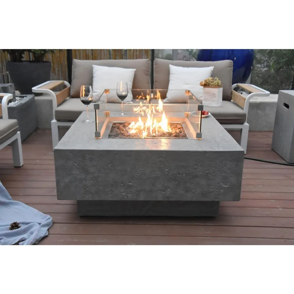 Manhattan Concrete Fire Pit 36" x 36" Outdoor Patio Firepit Includes Lava Rocks Modern Fire Pits & Outdoor Fireplaces for Garden