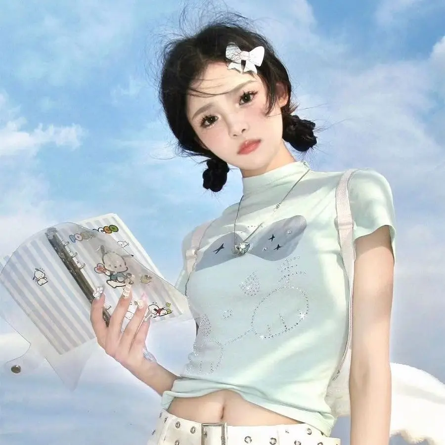 

New Hello Kitty Kawaii Anime Mint Green T-Shirt High Neck Top Comfortable Spicy Girl Silver Diamond Cute Cartoon Girl Toy Gift