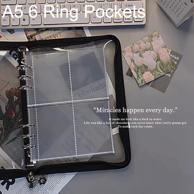 10 Sheets A5 6 Ring Photocards Clear Binder Pages 4 2 Pockets Kpop Photo Polaroid Cards Postcard Album Plastic Protector Sleeves 20 pcs self adhesive card pocket protector sleeves library pockets business cards bag flash top open holder pvc plastic