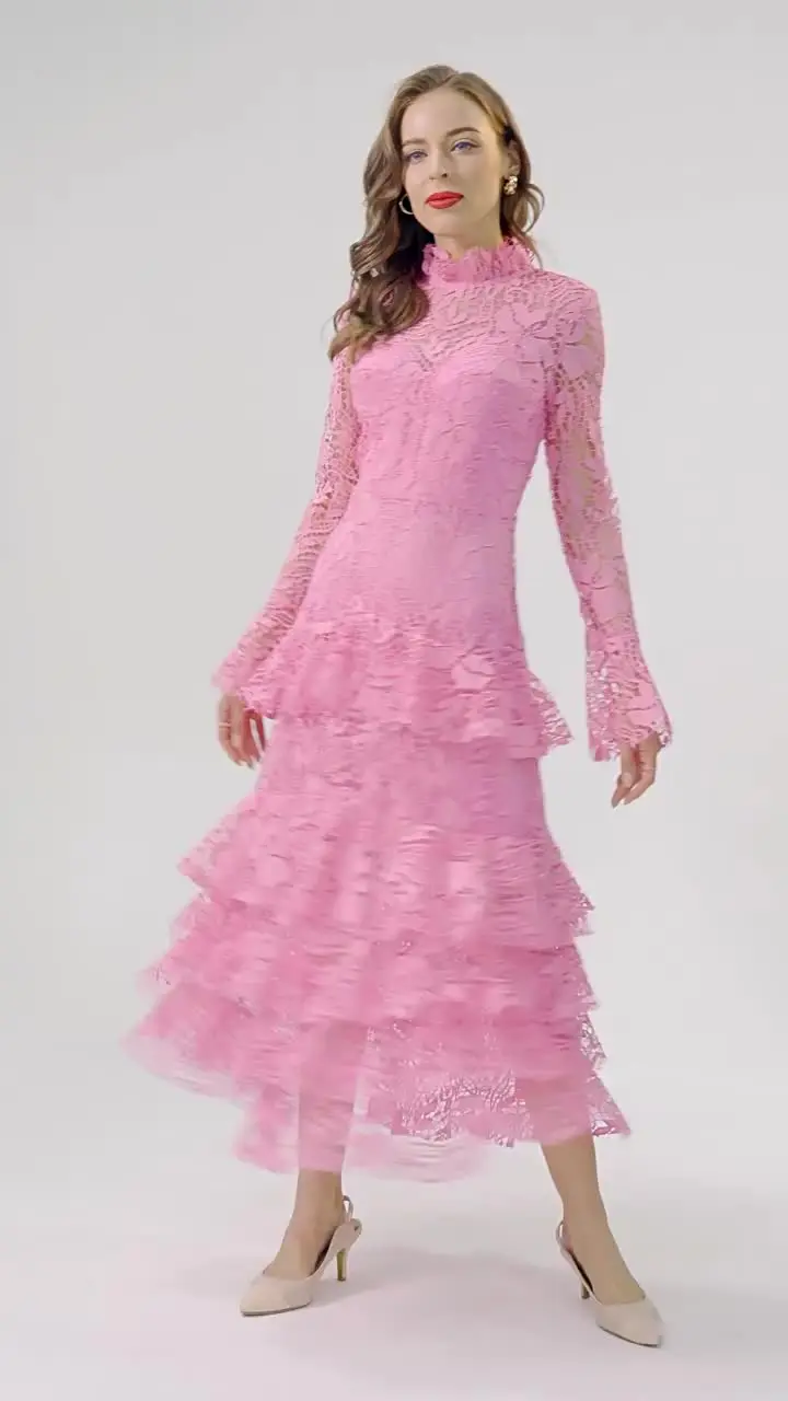 QMQA модные женские однотонные кружевные платья с воротником-стойкой элегантное