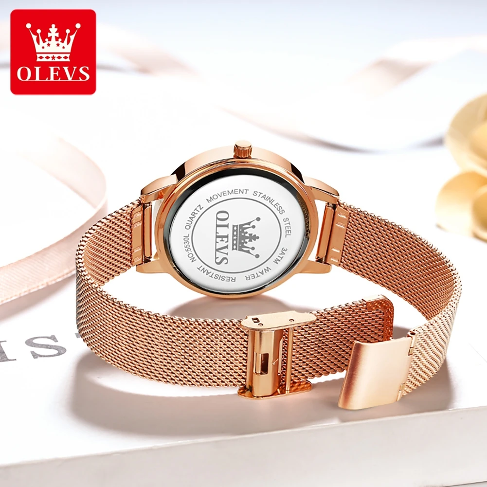 OLEVS Brand Fashion Quartz Watch for Women Rose Gold Stainless Steel Mesh Strap Luxury Diamond Womens Watches Relogio Feminino
