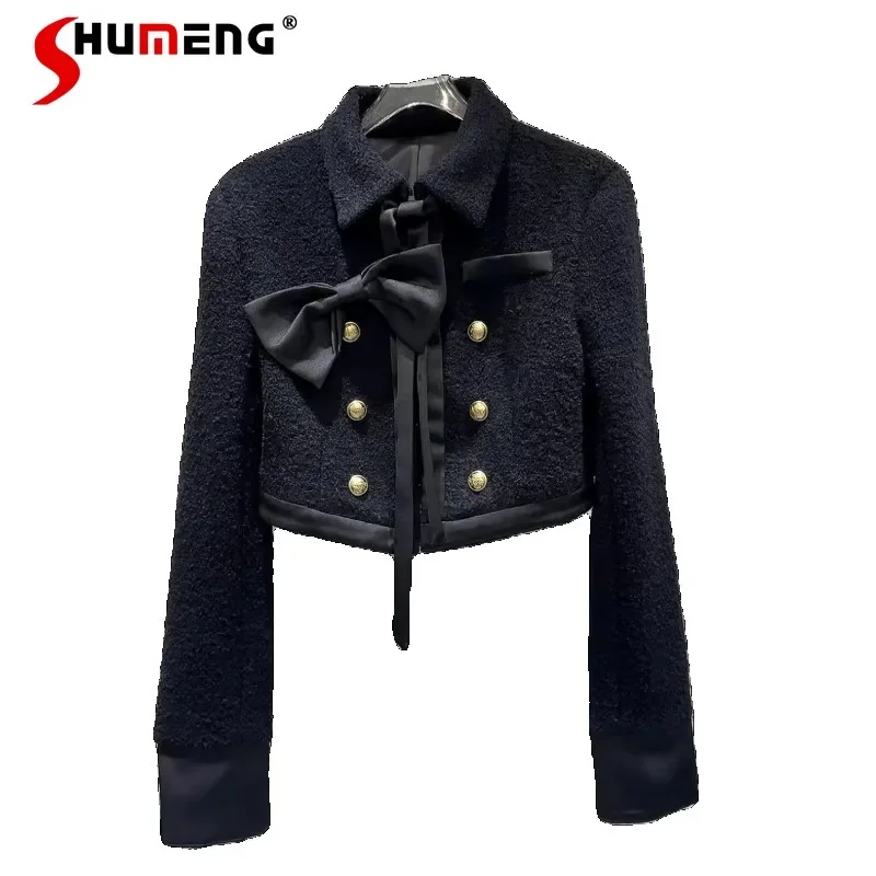 2023 Winter New Classic Socialite Bowknot Pin Tie Woolen Yarn Short Coat Top Double-breasted Jaquetas De Mujer Women's Clothing