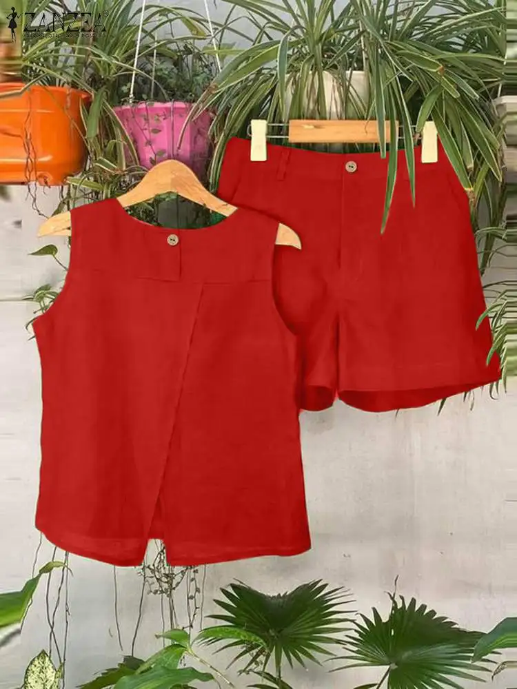 

Комплект Спортивный ZANZEA женский однотонный без рукавов, блузка с круглым вырезом и брюки с широкими штанинами, модный городской костюм оверсайз, 2 предмета