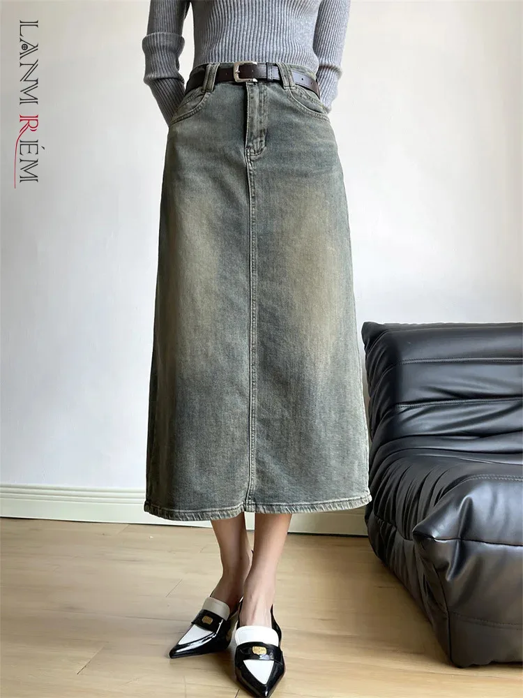 

[LANMREM] Washed High Waist Denim Skirts A-line Mid-length Office Lady Vintage Female Skirt Fashion Clothing 2024 Spring New