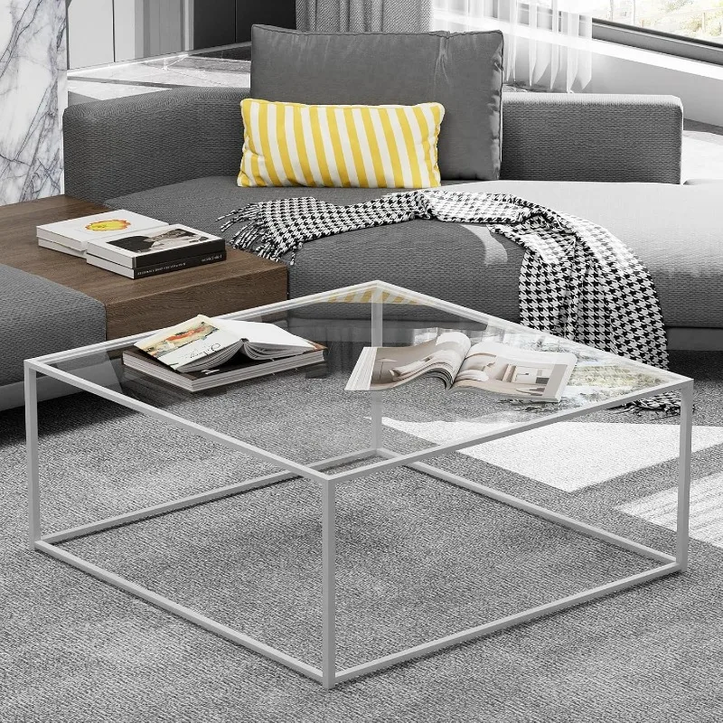 Glass Coffee Table Square Coffee Table for Small Space,Tempered Glass-top with Sturdy Metal Frame,Easy Assembly 3