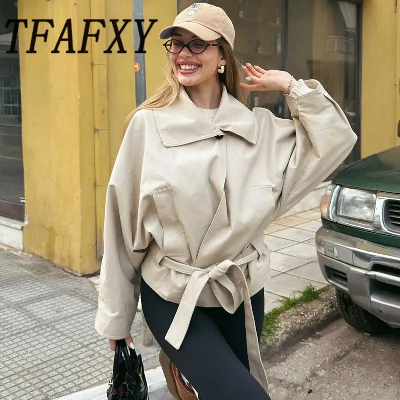 TFAFXY 2026 Nouveaux Manteaux Décontractés Chic pour Femme, Vestes Unies à Col Rabattu et Manches Longues, Coupe Ample avec Ceinture, Tendance Automne