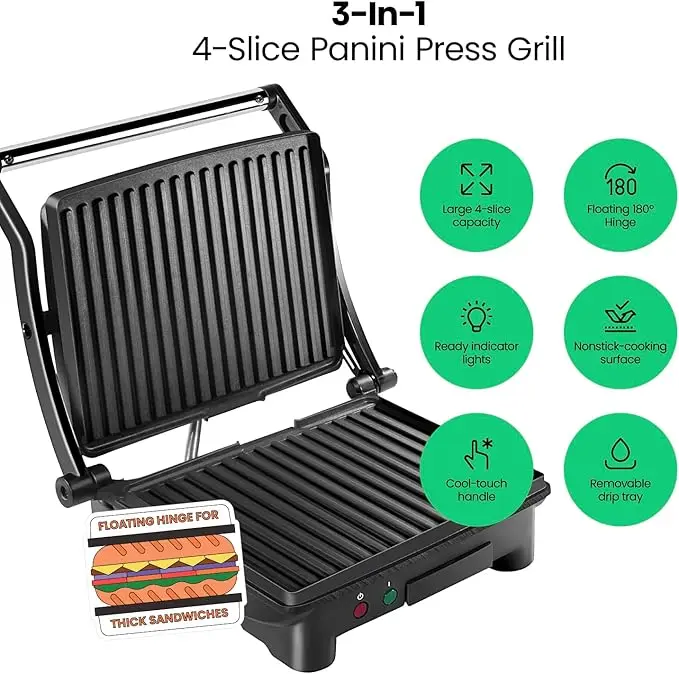 Panini Press Grill and Gourmet Sandwich Maker Non-Stick Coated Plates, Opens 180 Degrees to Fit Any Type or Size 2