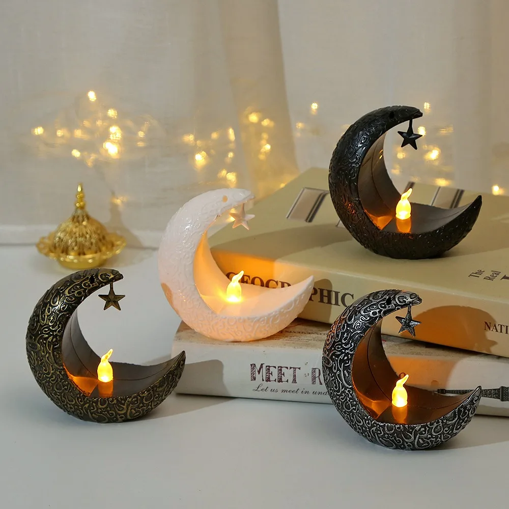 Crescent Shape LED Moon Candlestick Retro Flameless Electronic Candle Light Eid Mubarak Decoration Ramadan Moon Led Lamp