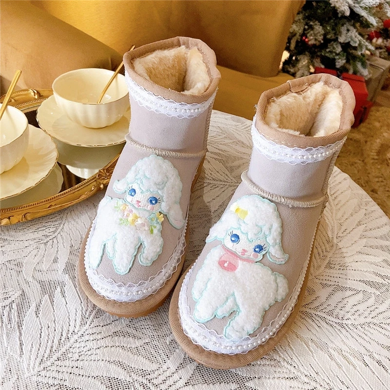 

Lolita Style Cute Cartoon Patch Women Ankle Boots Winter Shoes Lace Pearls Warm Plush Snow Boots Outdoor Casual Cotton Shoes