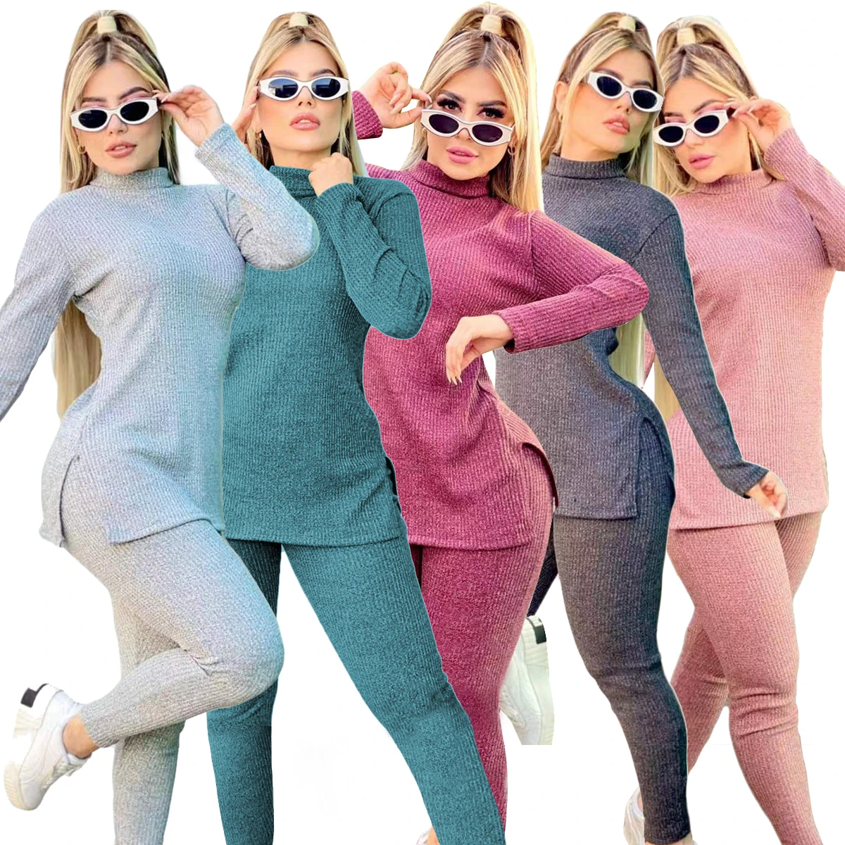 

QIWN Fall/Winter Women's Athletic Suit Solid Color Striped Turtleneck Sweater And Stretch Pantsuit Knit Two-Piece Set