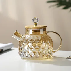 Elegant Glass Tea Kettle with Bamboo Lid and Removable Filter Spout for Loose Leaf and Blooming Teas (1L)