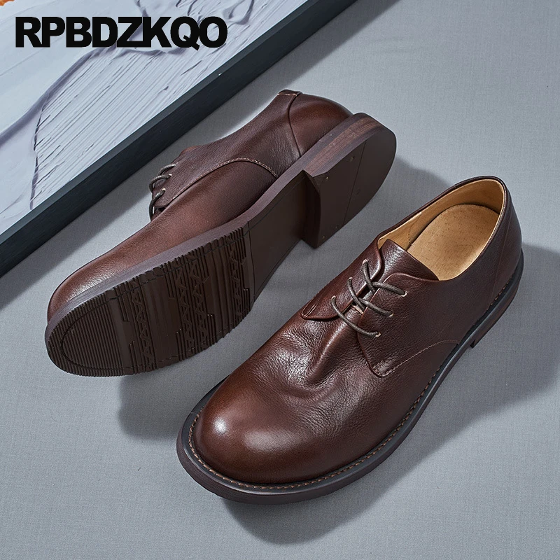

Handmade Brown Lace Up Cow Skin Office Soft Retro Round Toe Shoes Genuine Leather Derby Flats Oxfords Formal Men Business Dress