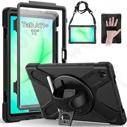 Heavy Duty Rotating Shockproof Tablet Case with Stand and Hand/Shoulder Strap - Black, 11 - Inch for Samsung Tab A11 Plus (Black)