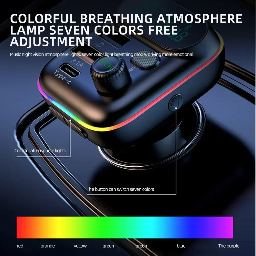 QC3.0 PD 25W Car Charger Fast USB Type C Car Bluetooth 5.0 FM Transmitter Colorful Handsfree Kit Mp3 Player Support TF Card
