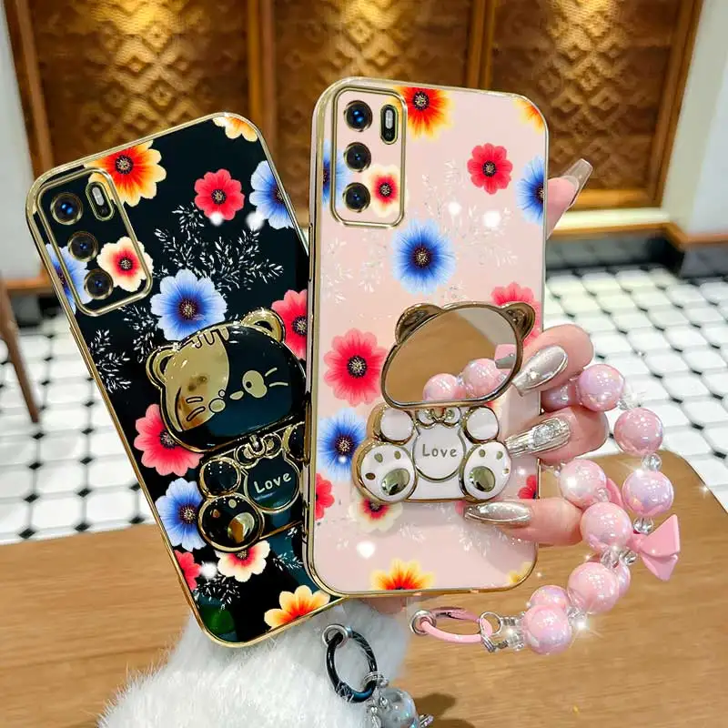Colorful Flowers Phone Case Set with Lanyard and Rabbit Stand