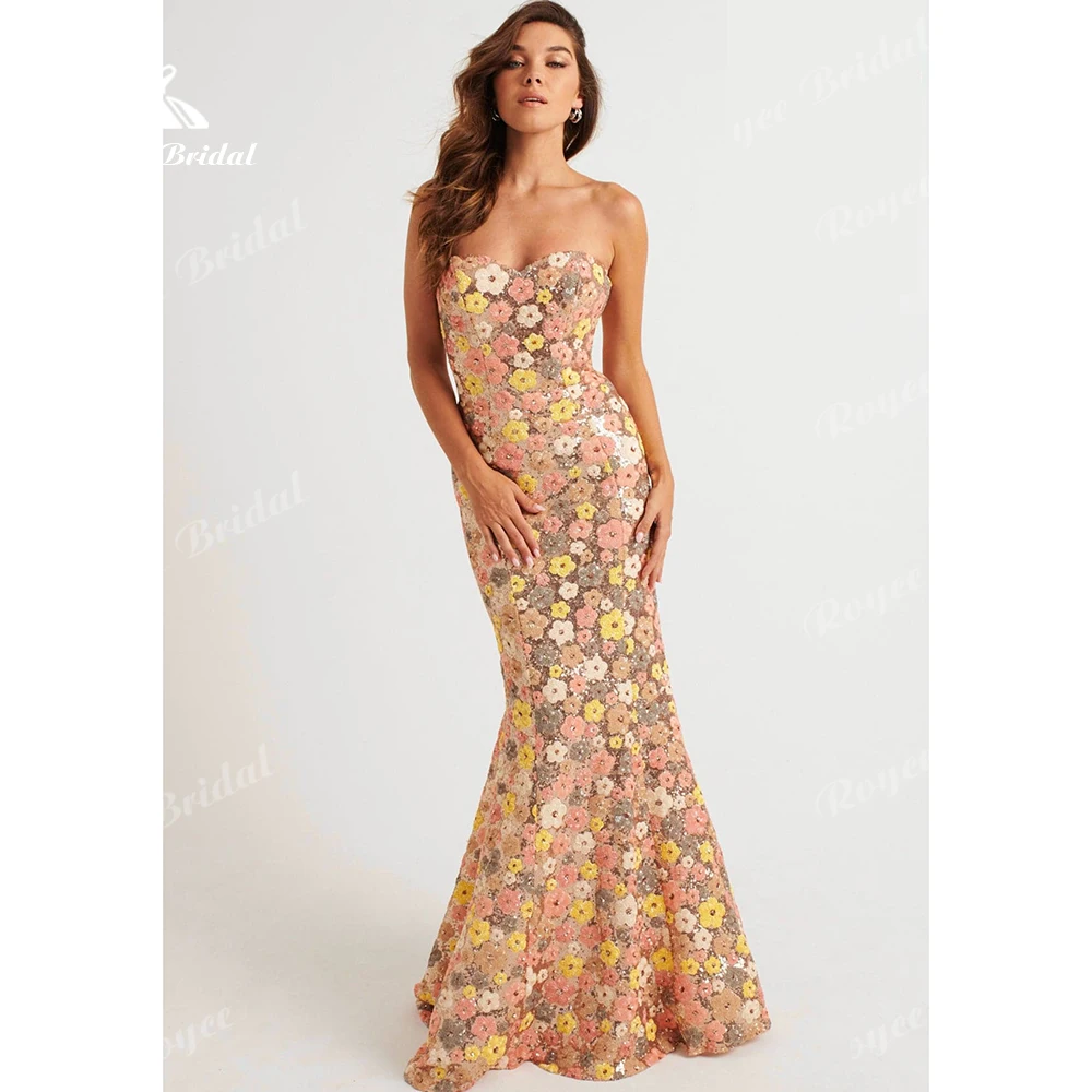 Colorful Floral Sequin Women's formal evening gowns Strapless Mermaid evening dresses Prom Dress vestidos de fiesta Customized 3