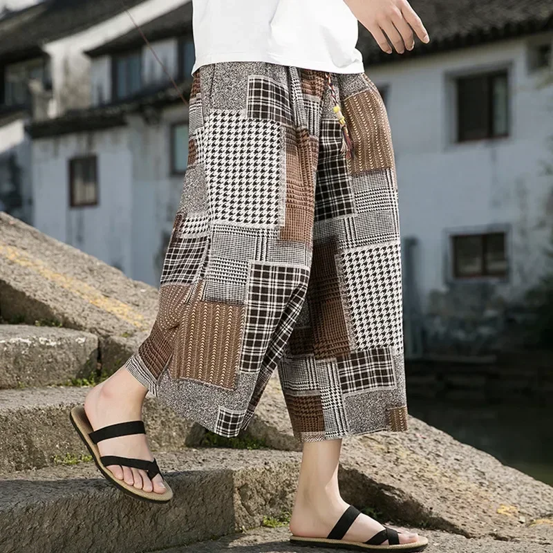 Wide Leg Pants Men's Harem Pants Pocket Jogging Plaid Casual Trousers Loose Hip Hop Harajuku Casual Ethnic