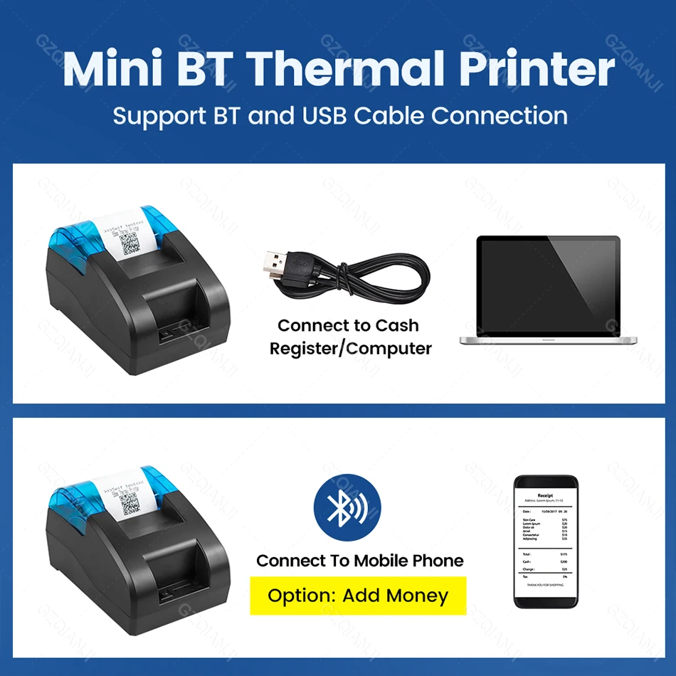 58MM Desktop POS Cashier Printer USB Bluetooth Thermal Receipt Printer Restaurant Sales Kitchen Bill Printing for Mobile Windows