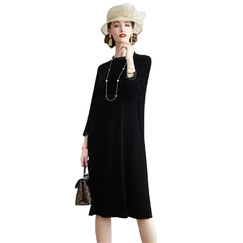 

Women Elegant Ruffled Collar Velvet Dress Autumn Winter Wrist Sleeve A-Line Holiday Dress Vestidos plus size women clothing