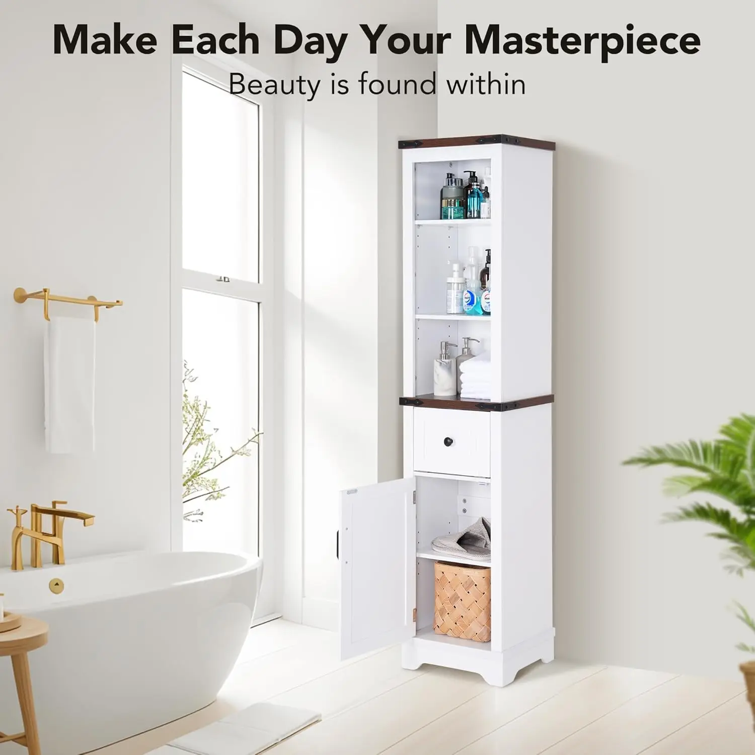 63 Inch Tall Bathroom Cabinet, Wood Storage Cabinets with 5 Shelves & Drawers, Space Saving Organizer, Slim Tall Cabinet