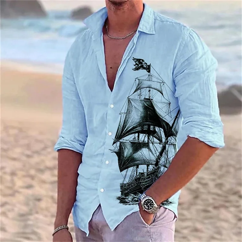 Men's shirt casual pirate ship solid color nautical comfortable soft street outdoor simple casual top lapel long sleeve large si