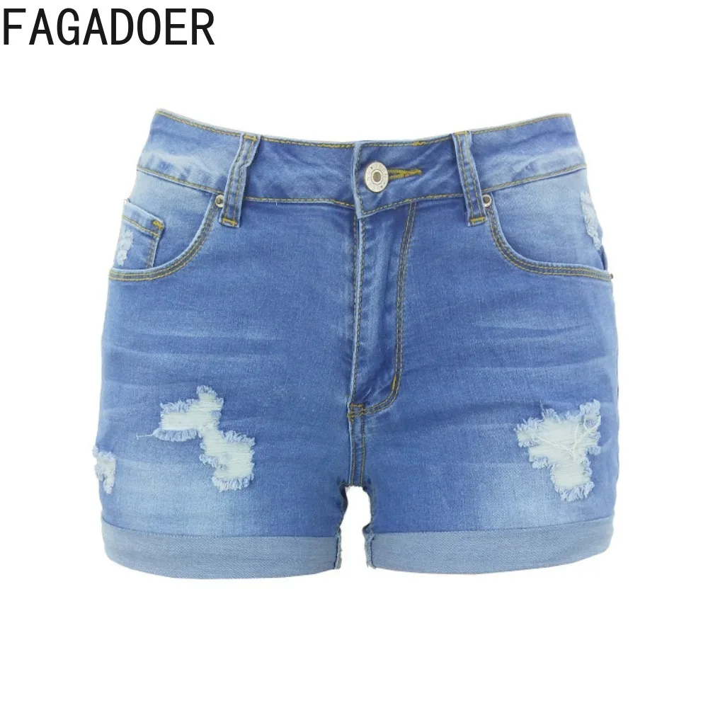 FAGADOER Retro Blue Summer New Hole Denim Shorts Women High Waist Button Pocket Slim Bottoms Casual Lady Matching Cowboy Shorts