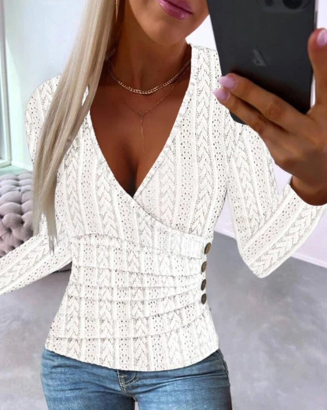 2023 Autumn Women V Neck Button Long Sleeve Knitted Pullover T-Shirt Tops Eyelet Embroidery Ruched Overlap Top