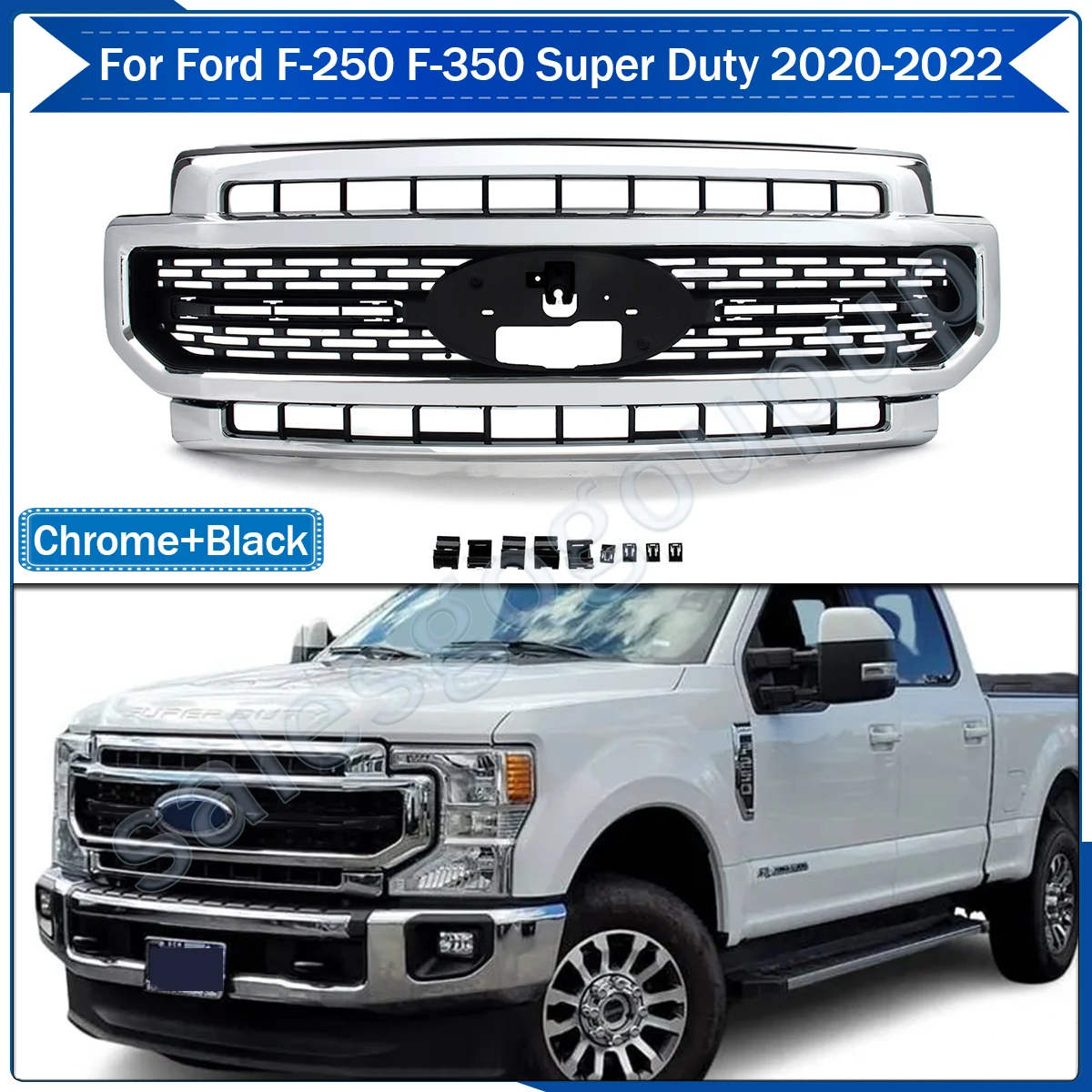 

Гриль для Ford F-250 F-350 Super Duty 2020 2021 2022, хромированный передний верхний бампер