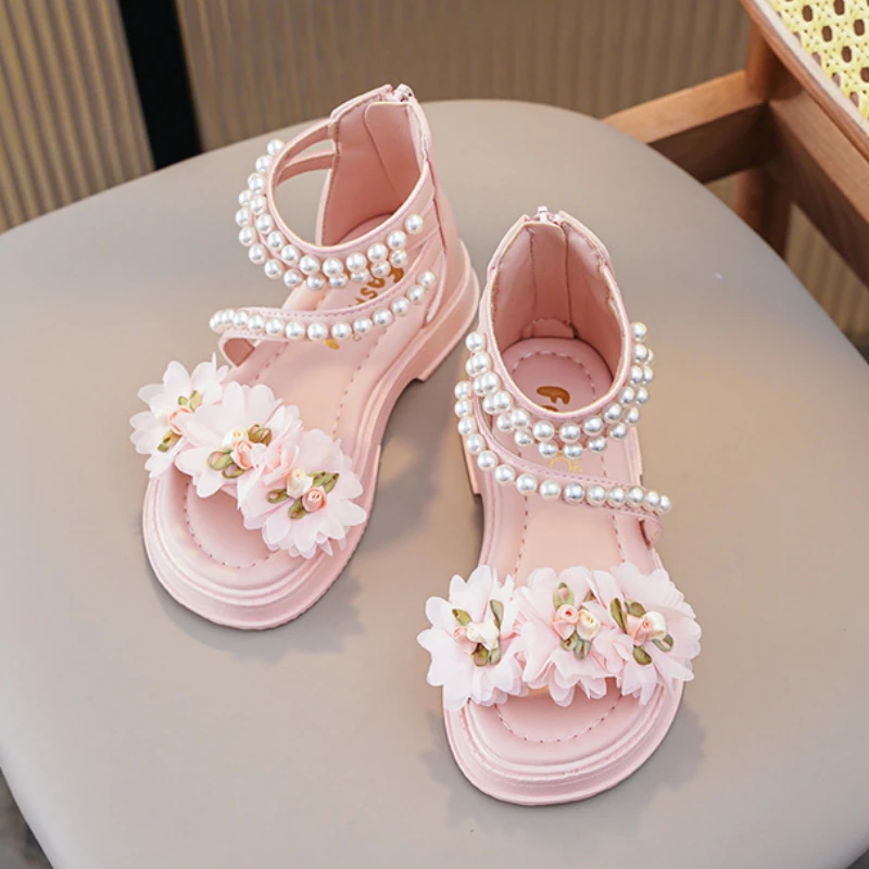 Girls Princess Flower Sandals Pearl Zipper High-top Kids Summer Shoes