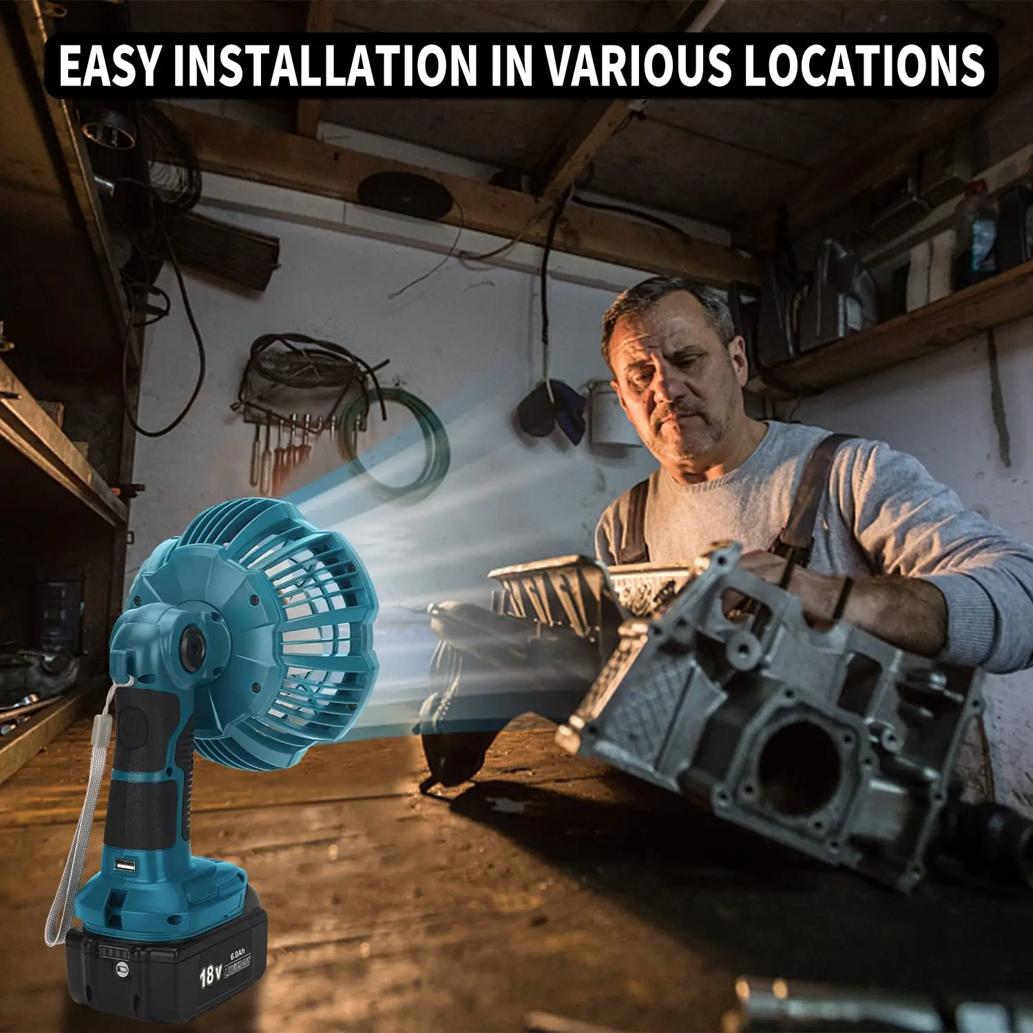 Beytvyow Cordless Fan for Makita 18v Battery with LED Light USB-A Fast Charging