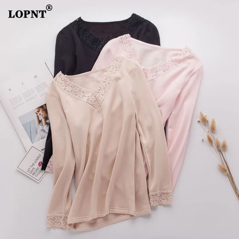 Leechee Women Winter Bottoming Shirt Warm Silk Velvet Long Sleeve T-Shirt Sexy Lace Patchwork V-Neck Silk PlushThick Thermal Top