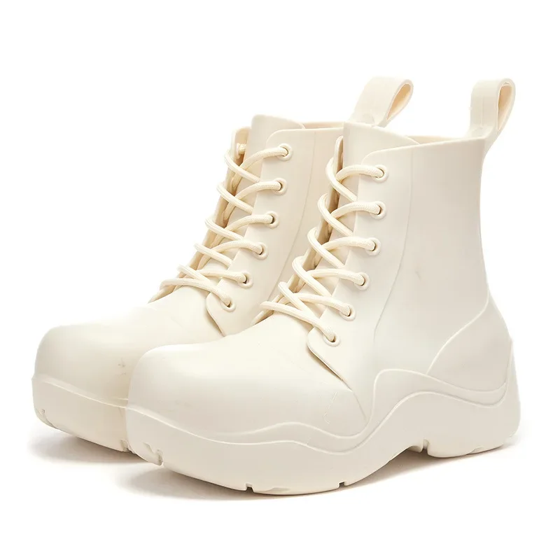 

New Women Thick Heels Platform Rain Boots Female PVC Lace-up Outdoor Rainboots Waterproof Ankle Wellies Water Shoes