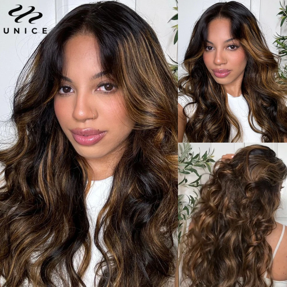 Unice FB30 Balayage Highlight Body Wave Human Hair Bundles 3PCS Deal 100% Human Hair Ombre Brown Colored Bundles Sew In Weaves 6