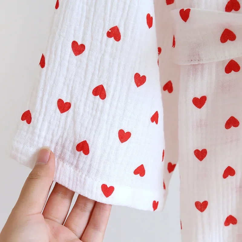 Cute Sweet Love Heart Printed Spring and Summer Pajama Girl Sleepwear Robes Cotton Pajama Night Dress Night Wears for Women