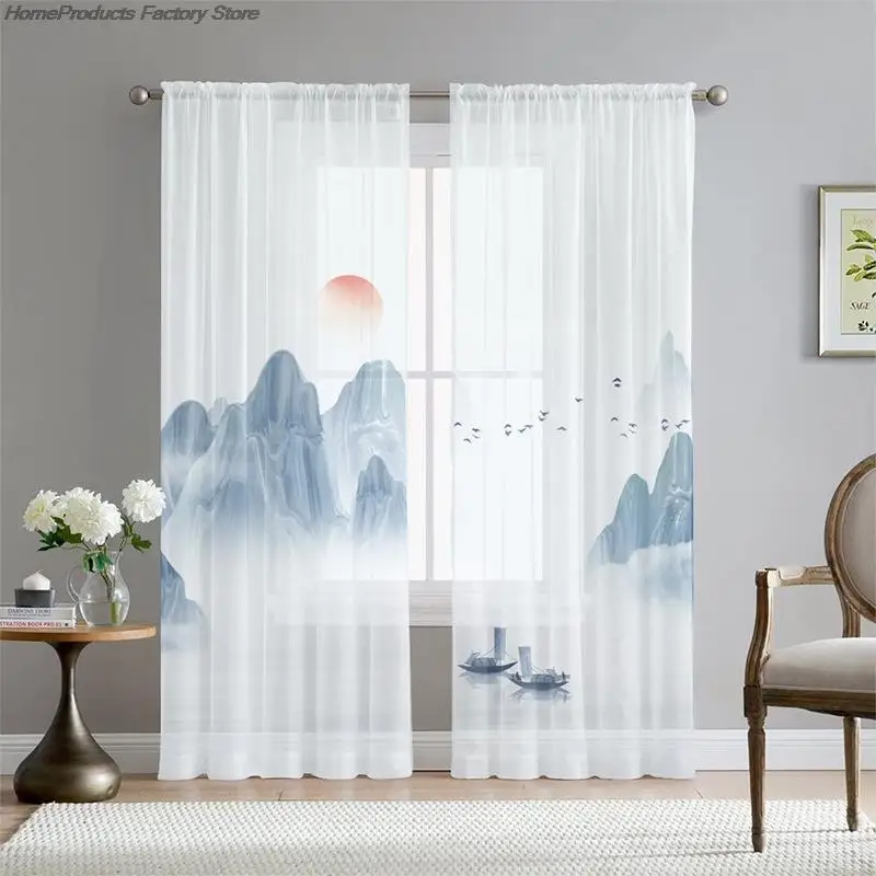 

2 Pcs Chinese Style Ink Painting Voile Tulle Sheer Curtain Nordic Forest Landscape Window Drapes For Bedroom Living Room Decor