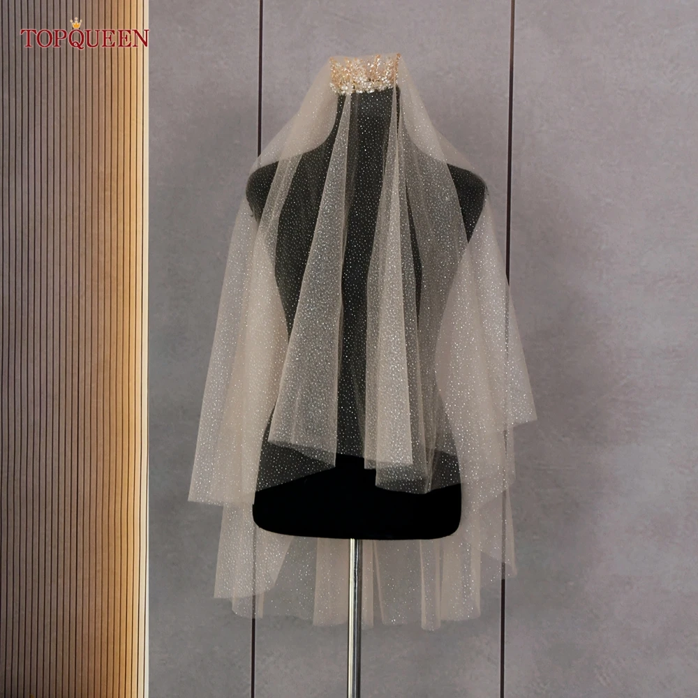 Topqueen V90 Champagne Color Wedding Veil Short Veils Double Layer