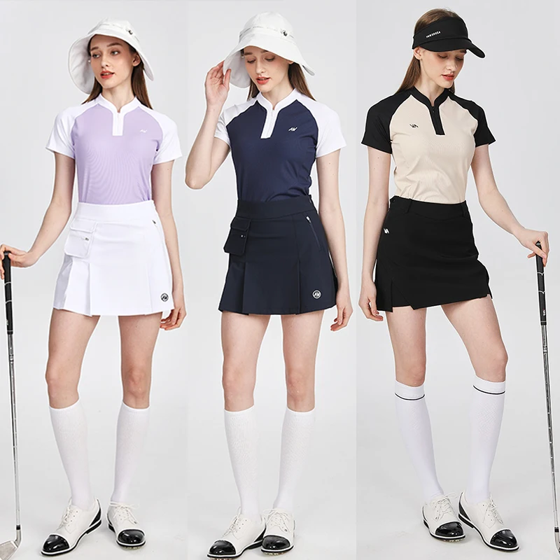 AW Golf Women Short-sleeved T-shirt Summer Breathable Zipper V-Neck Polo Tops Pleated Cargo Skirt Ladies Sports Golf Skorts