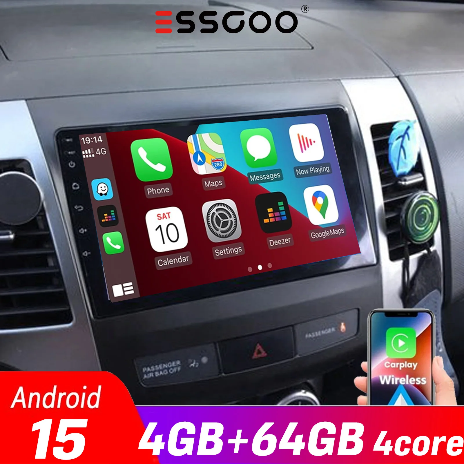 Android 15 4+64GB Radio de coche reproductor multimedia vídeo GPS para Mitsubishi Outlander 2006-2011, Peugeot 4007, Citroën C, compatible con CarPlay, Android Auto, WiFi, estéreo con cámara ESSGOO 1