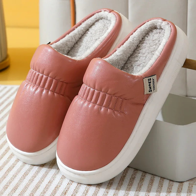 

Winter Waterproof Slippers Women Men Comfortable Soft Sole Home Slippers Warm Plush Couple Indoor Cotton Slides PU Leather Slide