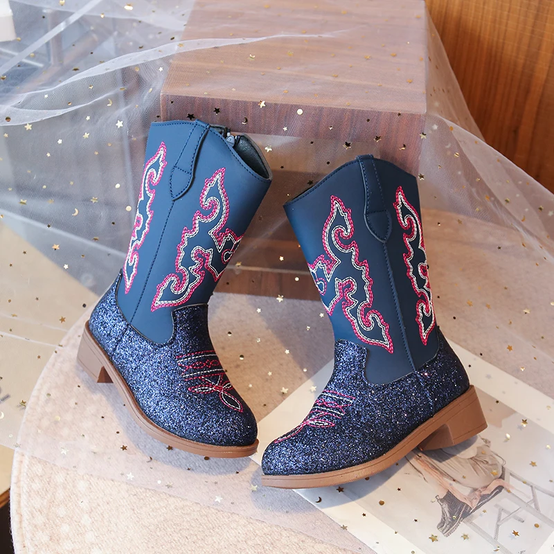 Girls Mid Calf Cowboy Boots with Sparkling Sequins for Winter