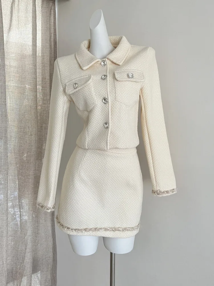 

Chic Gentle Korean Style Women Suit Temperament High-end Sense Woolen Luxury Jacket + Elegant Slim Mini Skirt Lady Two-piece Set