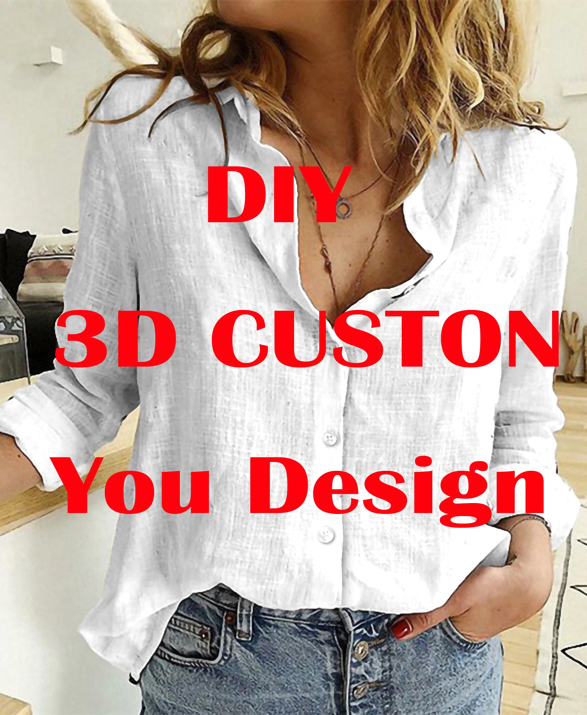 MCDV DIY Custom Design Women Linen Shirt 3D Printed Button-down Shirt Casual Unique Streewear