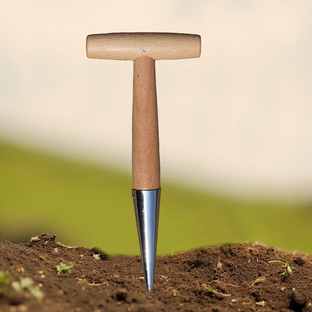 Hand Dibber Garden Tool Stainless Steel Sow Dibbler Wood Handle for Transplanting Plants Planting Bulb Digging