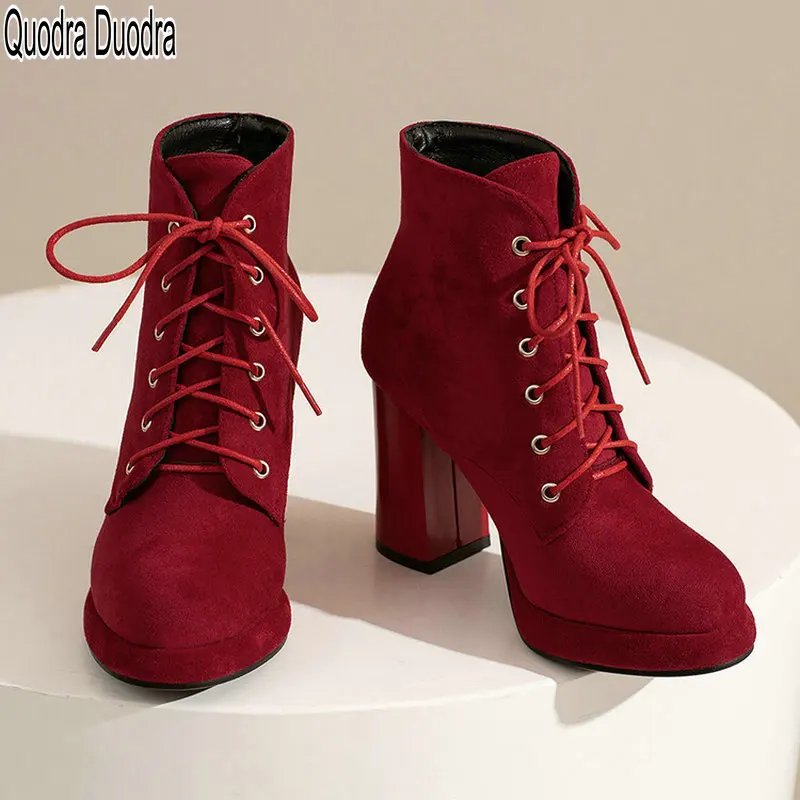 

Women Ankle Boots Female Feshion Shoe Thick High Heels Fashion Winter Round Toe Flock Chunky Platform British Style Big Size 42