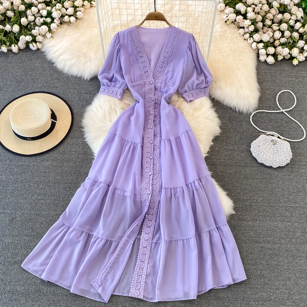 New Women Vintage Party Dress Summer Puff Sleeve Sexy V Neck Lace Single-breasted Long Dresses Ladies A Line Elegant Long Robe